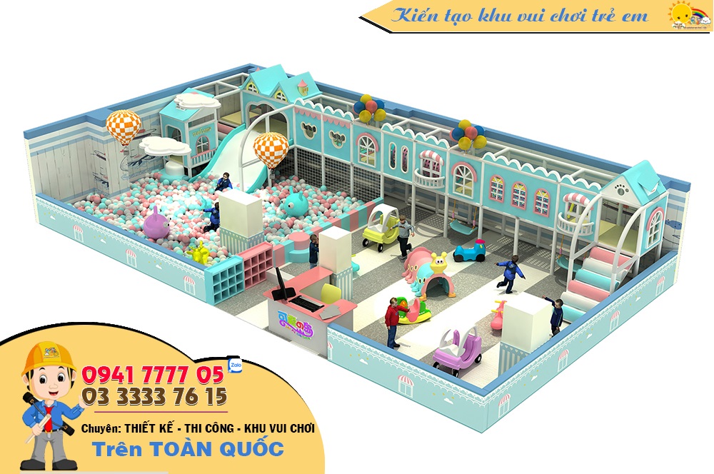 Thiết kế khu vui chơi trẻ em trong nhà tone PASTEl nhà kích thước 17mx8mx3m.
