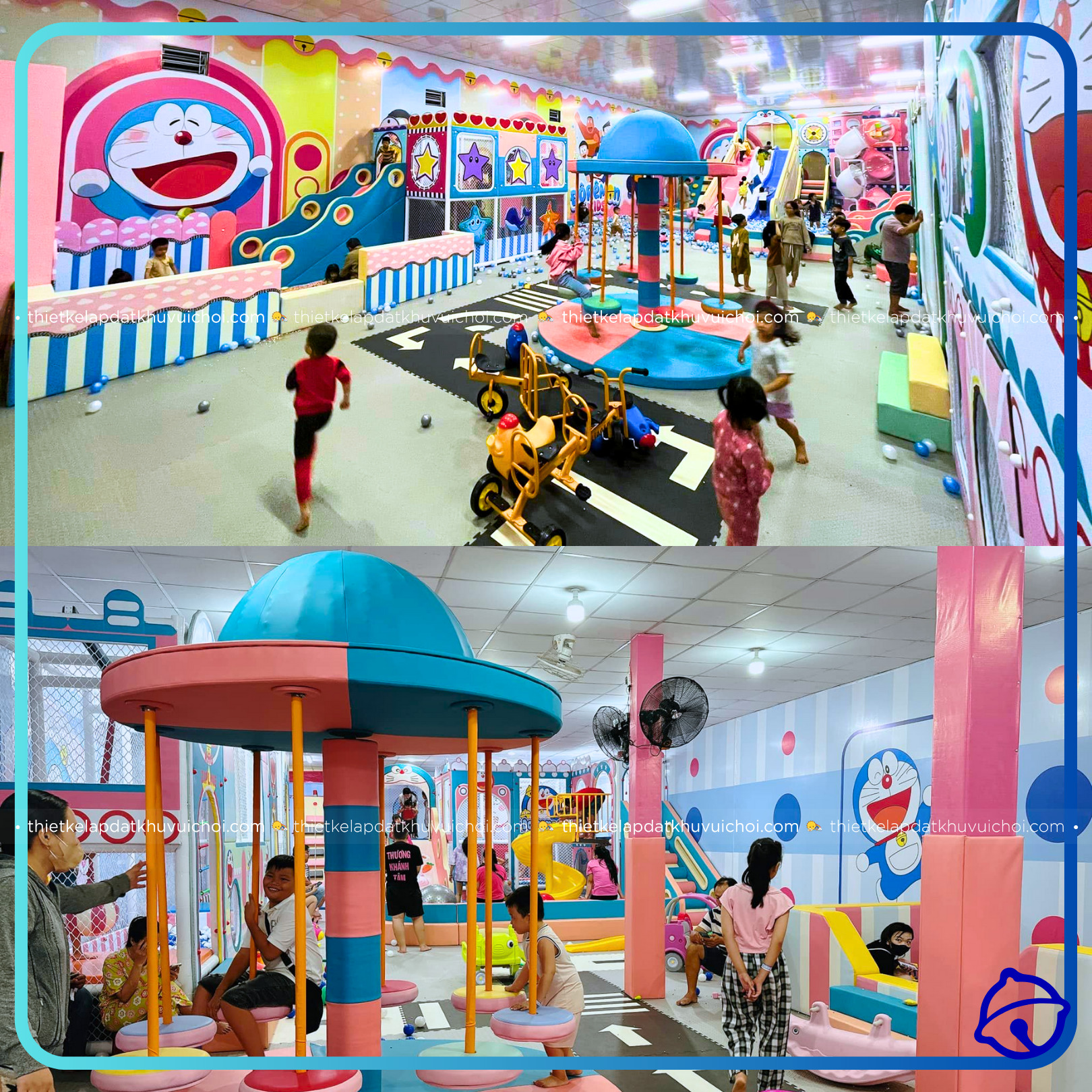 Bé vui chơi trong khu vui chơi chủ đề Doraemon