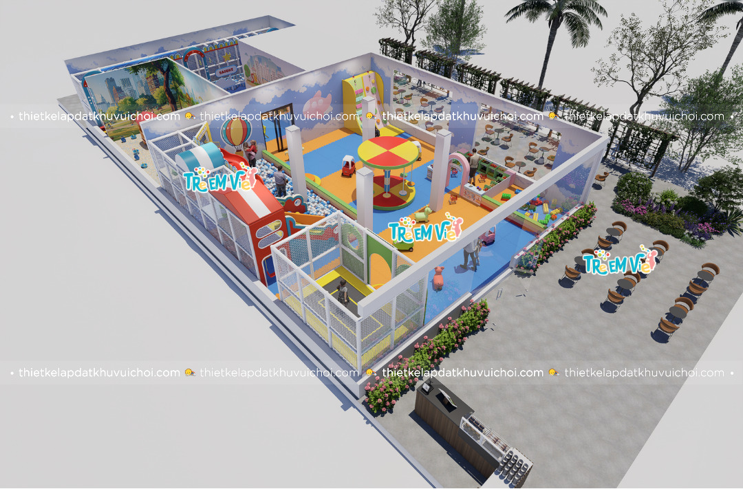 Mô hình thiết kế kids cafe ngoài trời có cây xanh