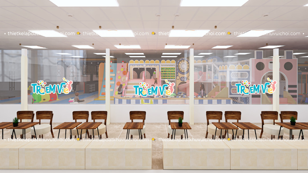 Thiết kế kids cafe trong nhà sử dụng bàn ghế bằng gỗ