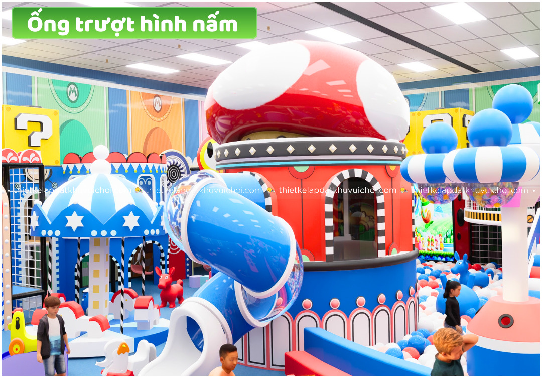 Bản vẽ khu vui chơi Mario với ống trượt xoắn hình nấm