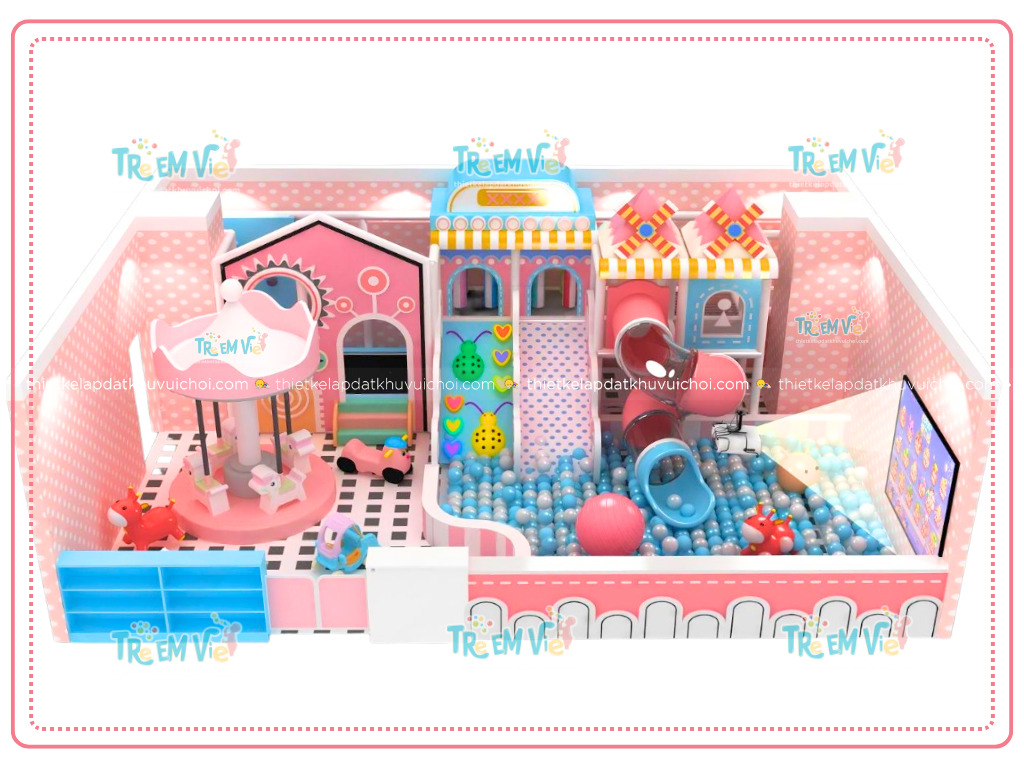 Mô hình thiết kế khu vui chơi trẻ em kết hợp tiệm bánh mini với phối màu xanh-hồng