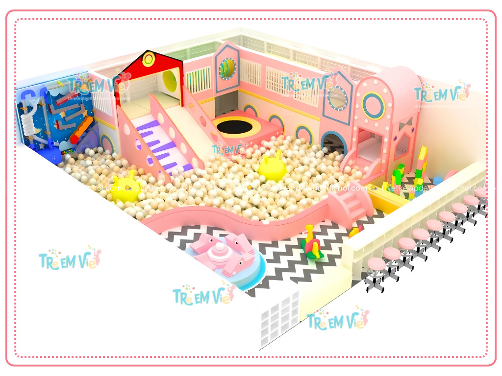 Thiết kế khu vui chơi trẻ em kết hợp tiệm bánh với phối màu pastel vàng-hồng