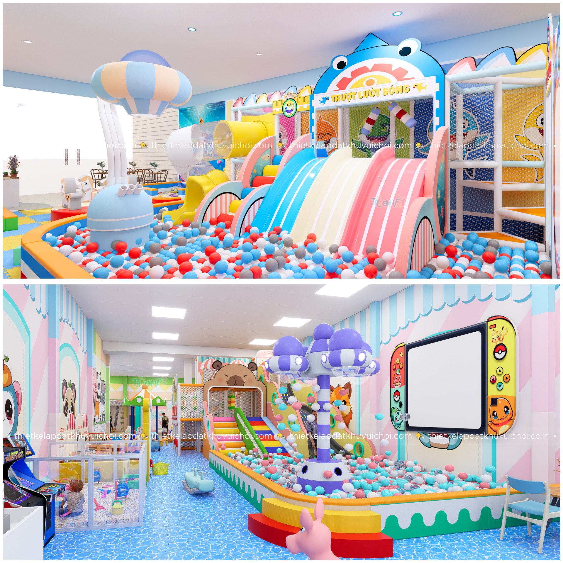 Thiết kế mẫu máy hút đổ bóng phù hợp chủ đề và màu sắc khu vui chơi trẻ em