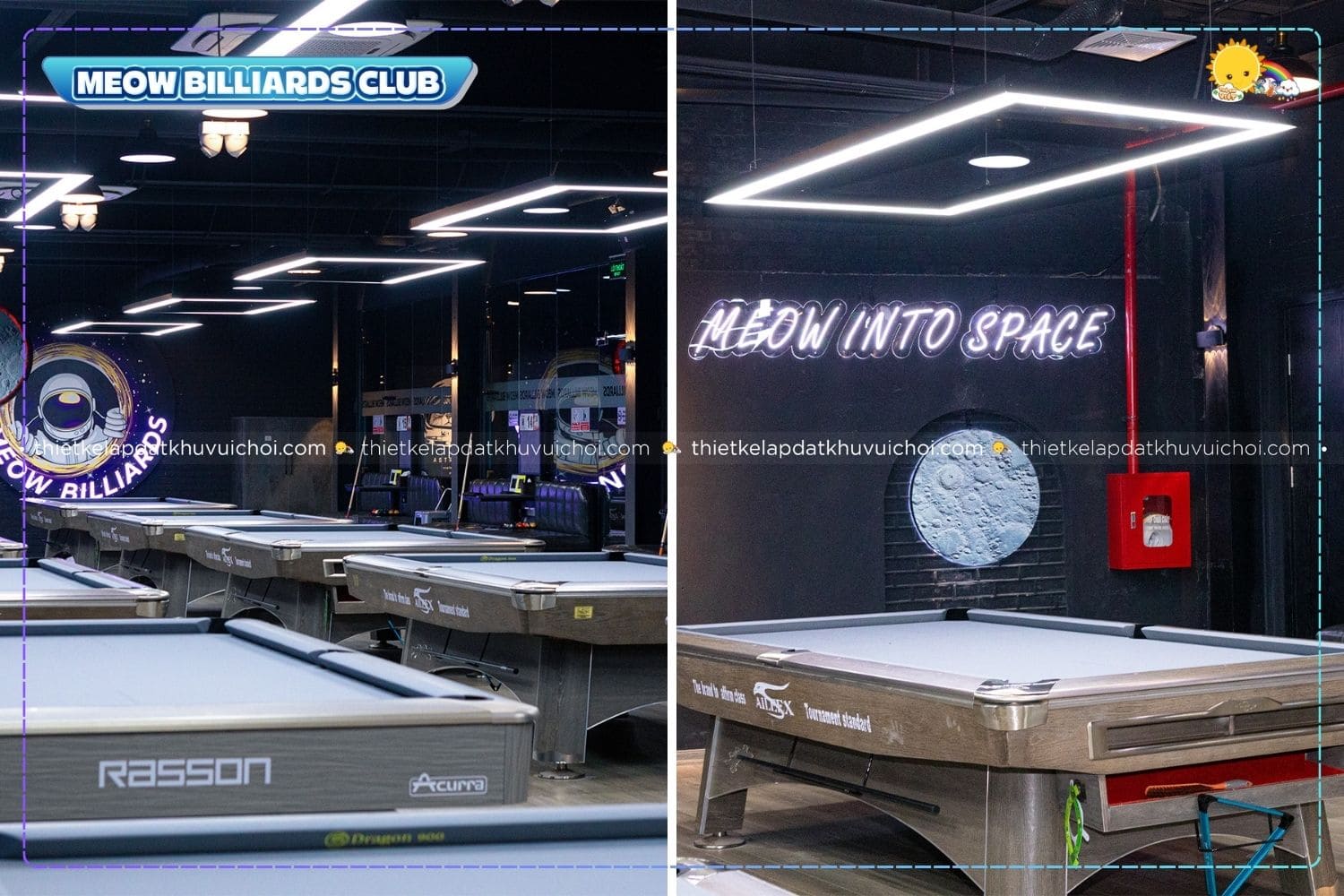 Không gian quán bida Meow Billiards Club và decor mặt trăng 3D độc đáo.