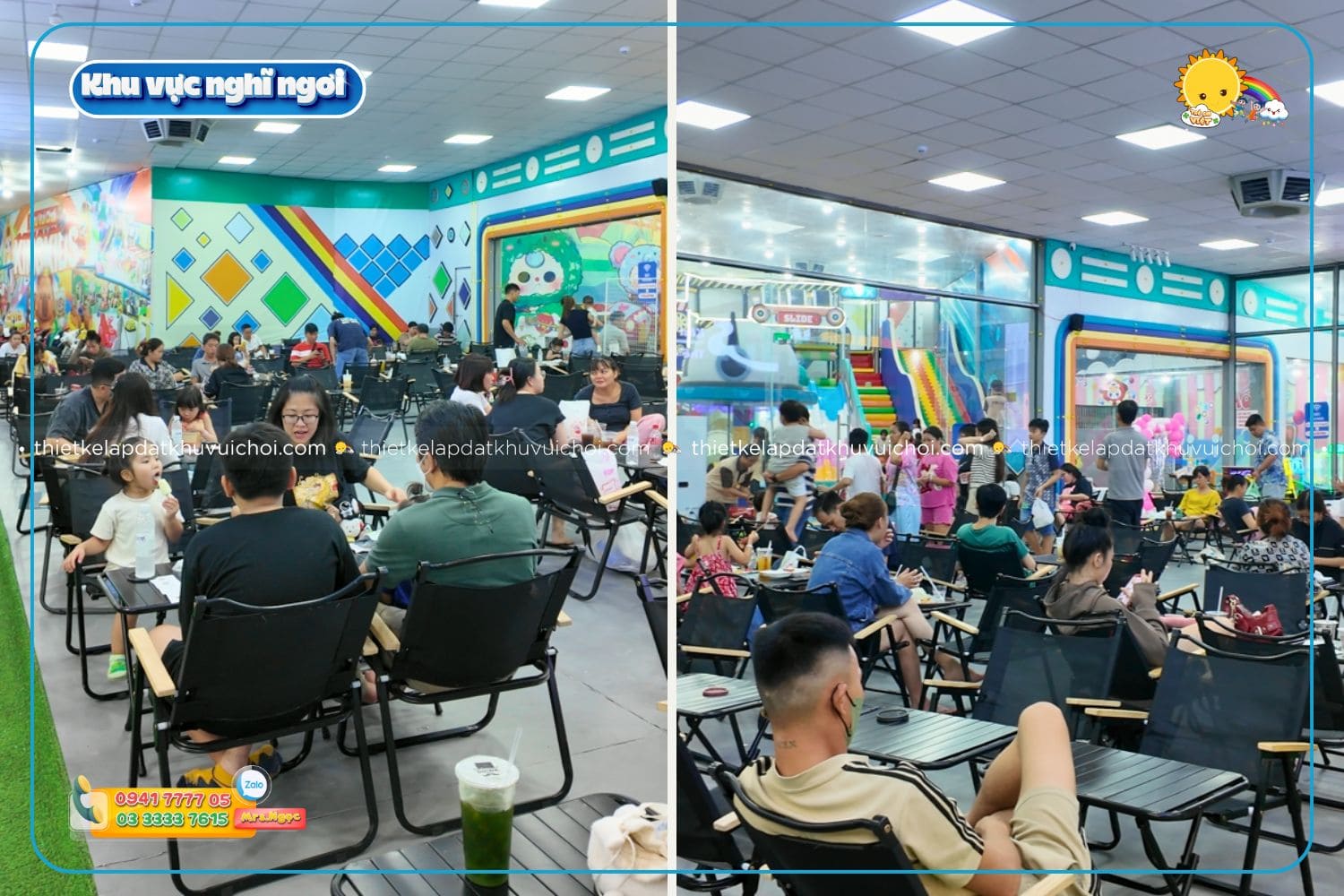 Khu vực ghế ngồi cafe trà sữa rộng rãi hướng tầm nhìn về phía khu vui chơi