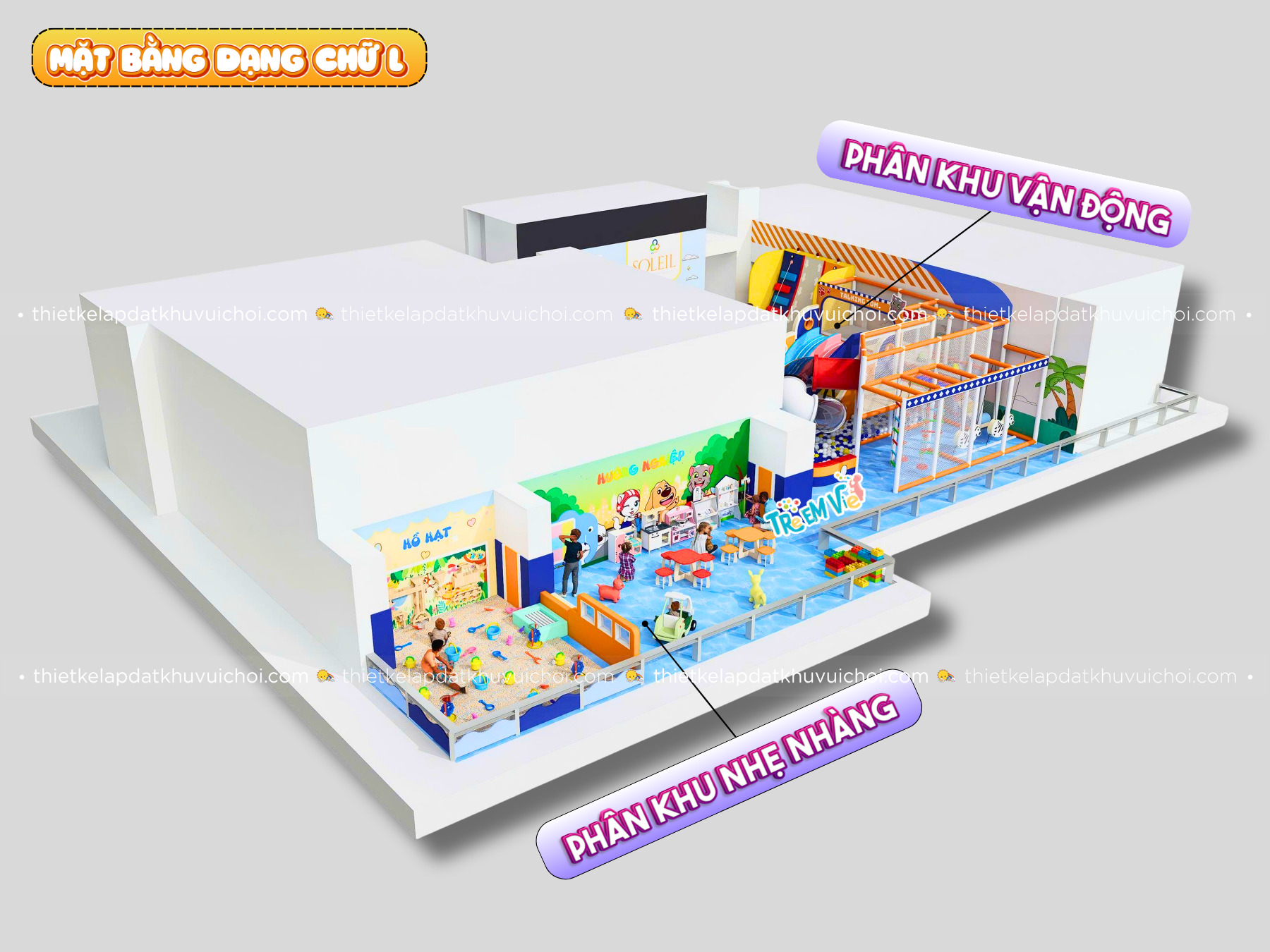 Mặt bằng không vuông vắn làm khu vui chơi trẻ em dạng chữ L